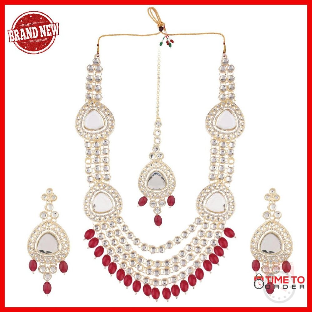 Faux Pearl Kundan Bridal Jewelry Set With Necklace Earrings Maang Tikka